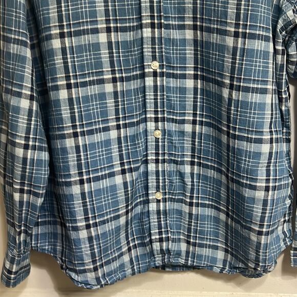 LRL 100% linen women’s Medium blue plaid long sleeve button up shirt, preppy - Picture 3 of 11